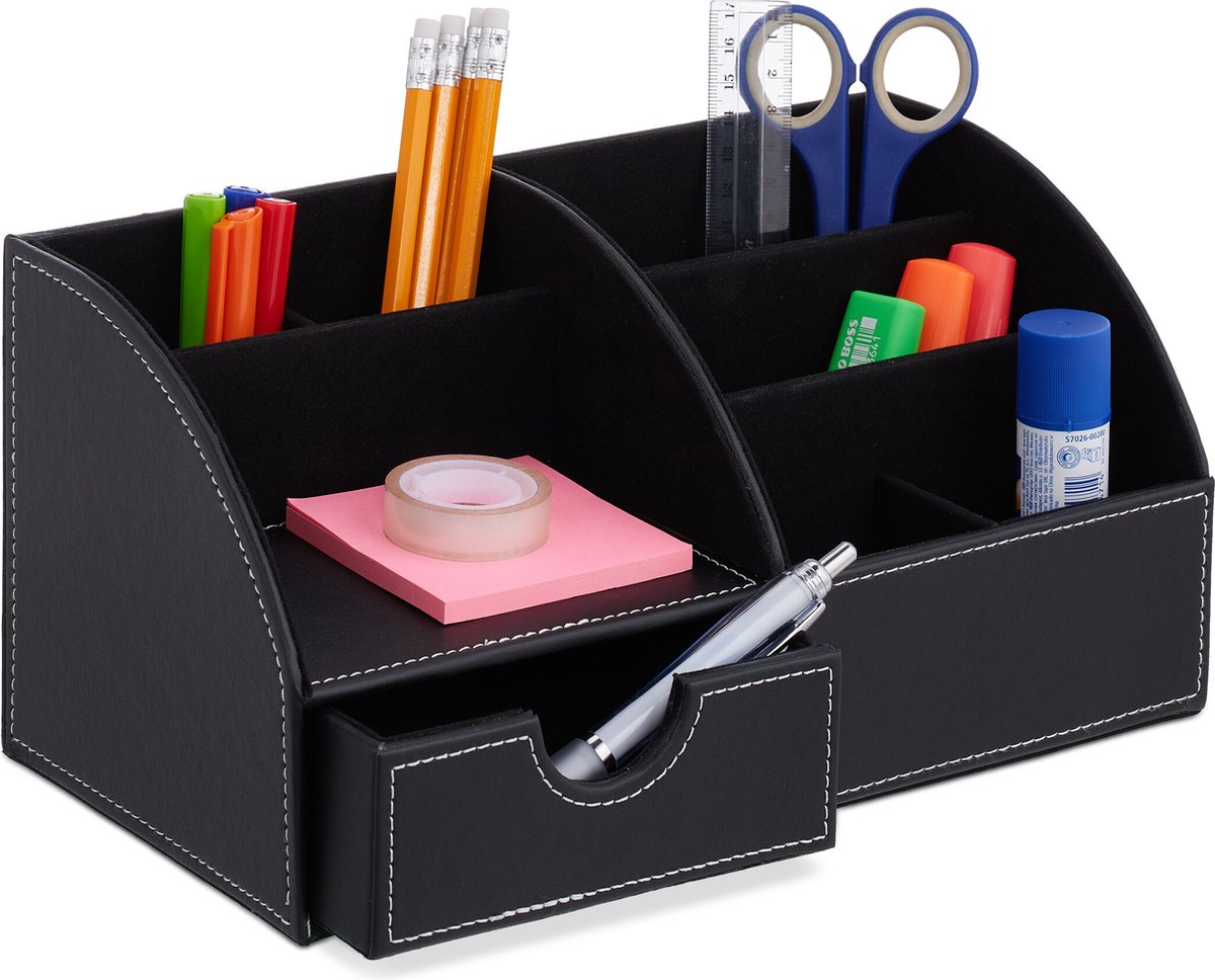 relaxdays-pennenbak-kunstleer-met-lade-zwart-pennen-organizer