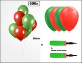 600x Luxe Ballon rood/groen 30cm + 2x dubbel actie pomp - biologisch afbreekbaar - Carnaval Festival feest party verjaardag Sinterklaas landen helium lucht thema