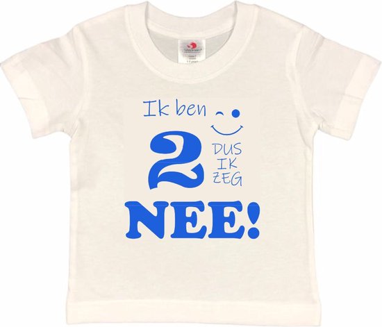 T-shirt Kinderen "Ik ben 2 dus ik zeg NEE!" | korte mouw | wit/blauw | maat 86/92