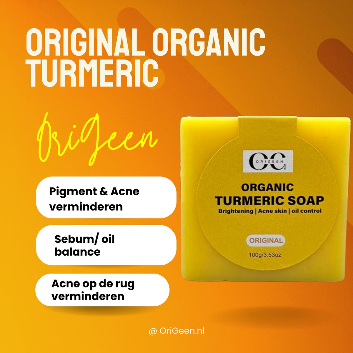 ORIGEEN Turmeric zeep - Original turmeric zeep - Organic Turmeric zeep tegen acne - acne litteken - acne op de rug - Pigment verminderen- Voor gezicht & lichaam