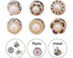 Fako Bijoux® - Pin Broche Mini - Steek Pin Knopen Set - 6 Mini Broches - 8-12mm - Silver, Gold & Pearl - 6 Stuks - Zilver & Goud - Serie 3