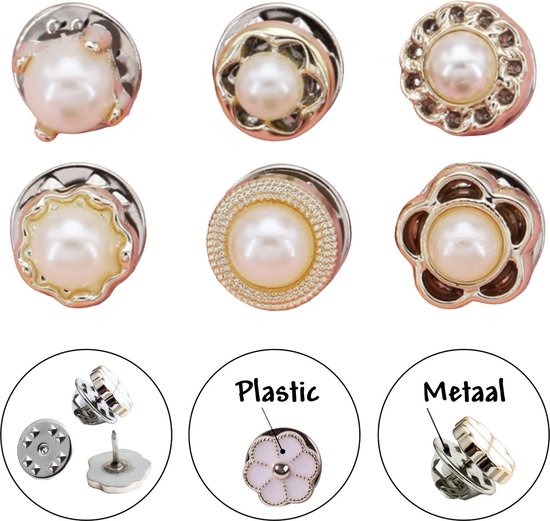 Deux rangées de cinq broches avec perles et détails floraux, avec explications sur les fermoirs en plastique et métal.
