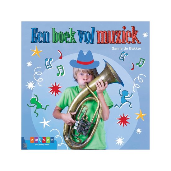 Een jongen met een blauwe hoed en groen T-shirt speelt op een eufonium, met muzieknoten en sterren op de achtergrond.