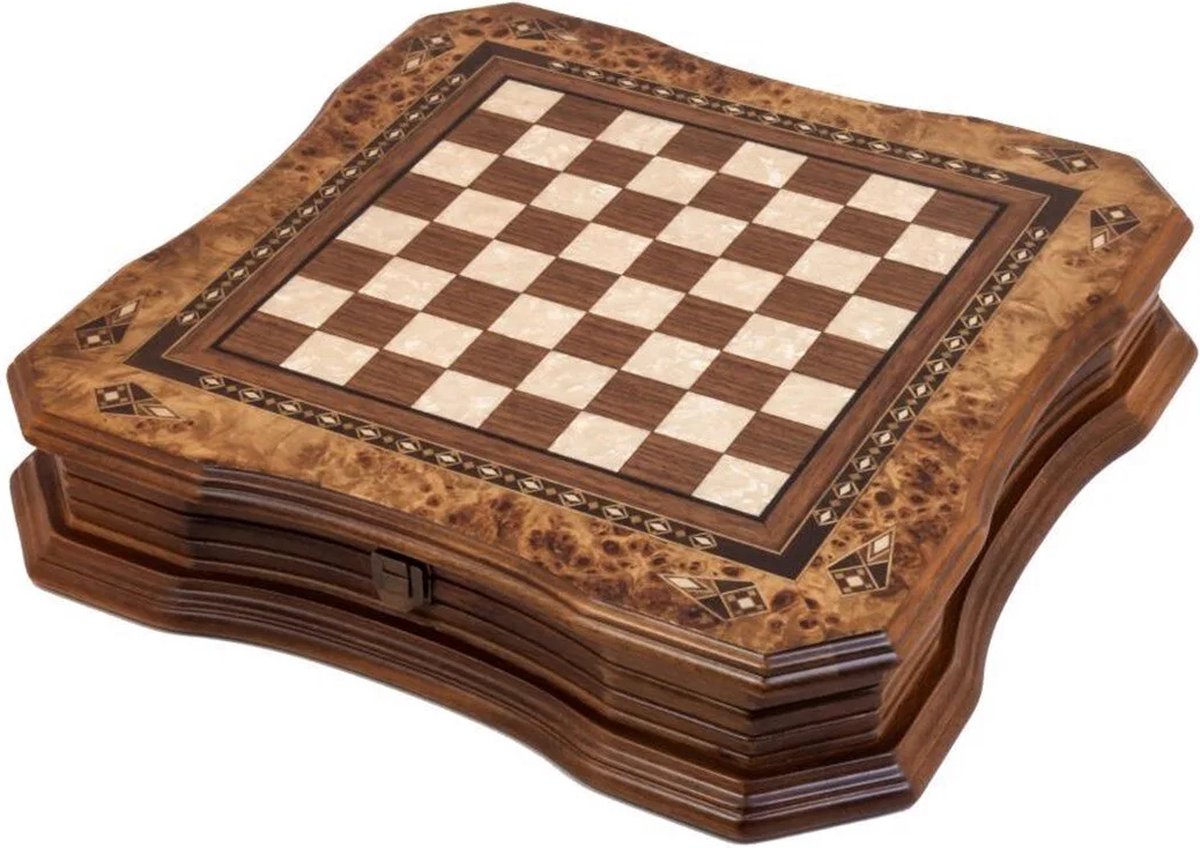 Handgemaakte houten schaakbord met opbergsysteem - Metalen Schaakstukken - Luxe uitgave - Schaakspel - Schaakset - Schaken - Chess - 40 x 40 cm