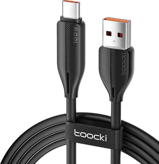 Toocki Oplaadkabel 'Super Fast Charging' - USB-A naar USB-C - 100W 7A Snellader - 1 Meter - voor MacBook/iPad, Samsung Galaxy/Note, OnePlus, Xiaomi, Google Pixel, OPPO - Tot 12 Keer Sneller - Sterker snoer van TPE-Rubber - voor Android Auto - ZWART