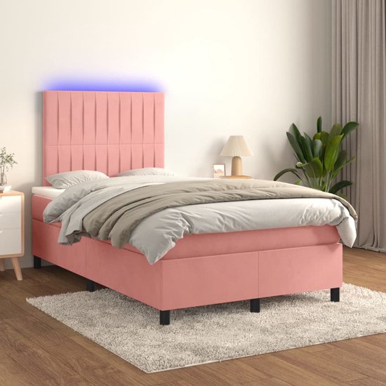 vidaXL-Boxspring-met-matras-en-LED-fluweel-roze-120x200-cm