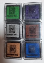 set 6 mini stempelkussens antique tinten - set antiek vintage - stempelinkt - Nellie Snellen pigment inkt - waterbasis - groen, violet, bruin, grijs, blauw en koper