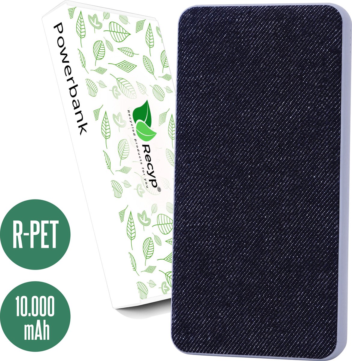 Recyp Cotton Series Blue - 10.000 mAh - Duurzame R-PET Powerbank - Stijlvol design - Geschikt voor iPhone / Samsung