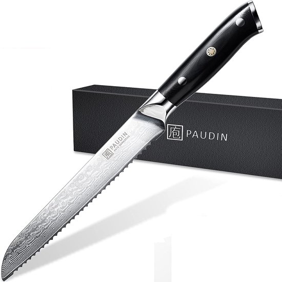 PAUDIN C2 Professioneel Broodmes 20 cm - Japans mes - Banket Mes - Echt Damascus Staal - Zwart Ergonomisch Handvat