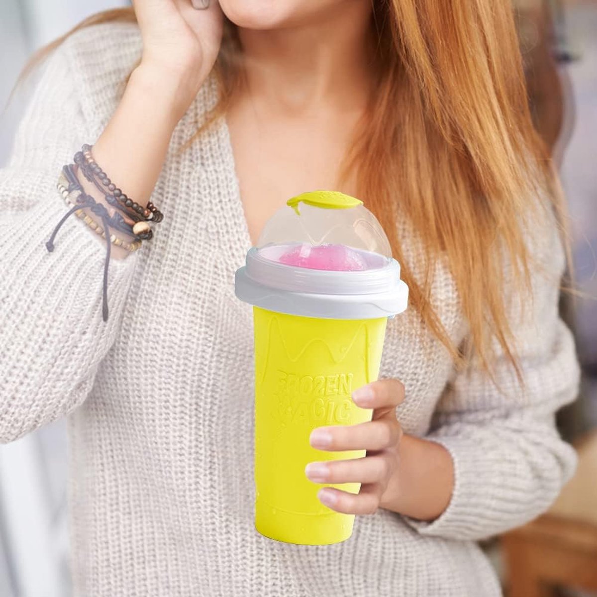 Slushy Maker Slush-beker met rietje en lepel, Slushy Cup om zelf ijs te maken, draagbare Slush-machine (geel)