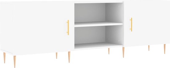 Meuble TV blanc avec deux portes, deux compartiments ouverts et poignées dorées, sur pieds en bois.