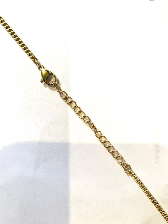 Gouden schakelketting met karabijnsluiting en verlengketting.