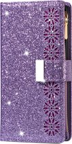 Hoesje geschikt voor iPhone 15 Plus - Bookcase - Koord - Pasjeshouder - Portemonnee - Glitter - Bloemenpatroon - Kunstleer - Paars