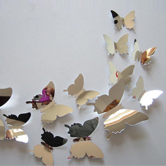 "12 Pièces/ Set Stickers muraux Papillon 3D Argent - Miroir - Décoration Chambre Enfant" - Heble®