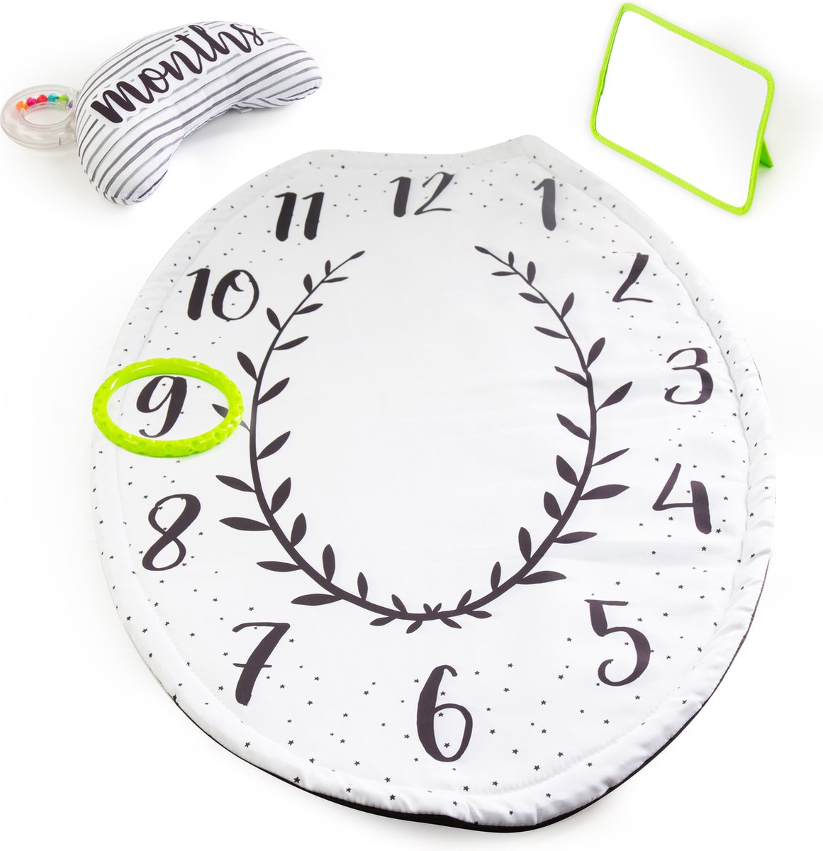 Sassy - Speelmat Baby - Volg de groei van uw baby - Kussen Maand/weken - Met bijtring en spiegel - Tummy Time Playmat