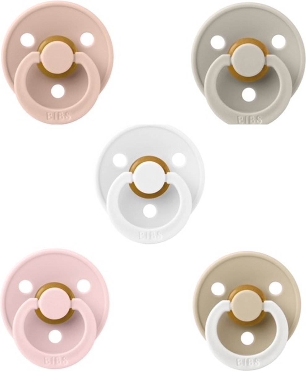 Goedkoopste Bibs fopspenen 6-18 maand set 5 stuks White,Sand,Blush,Blossom en Night Glow Vanilla maat 2