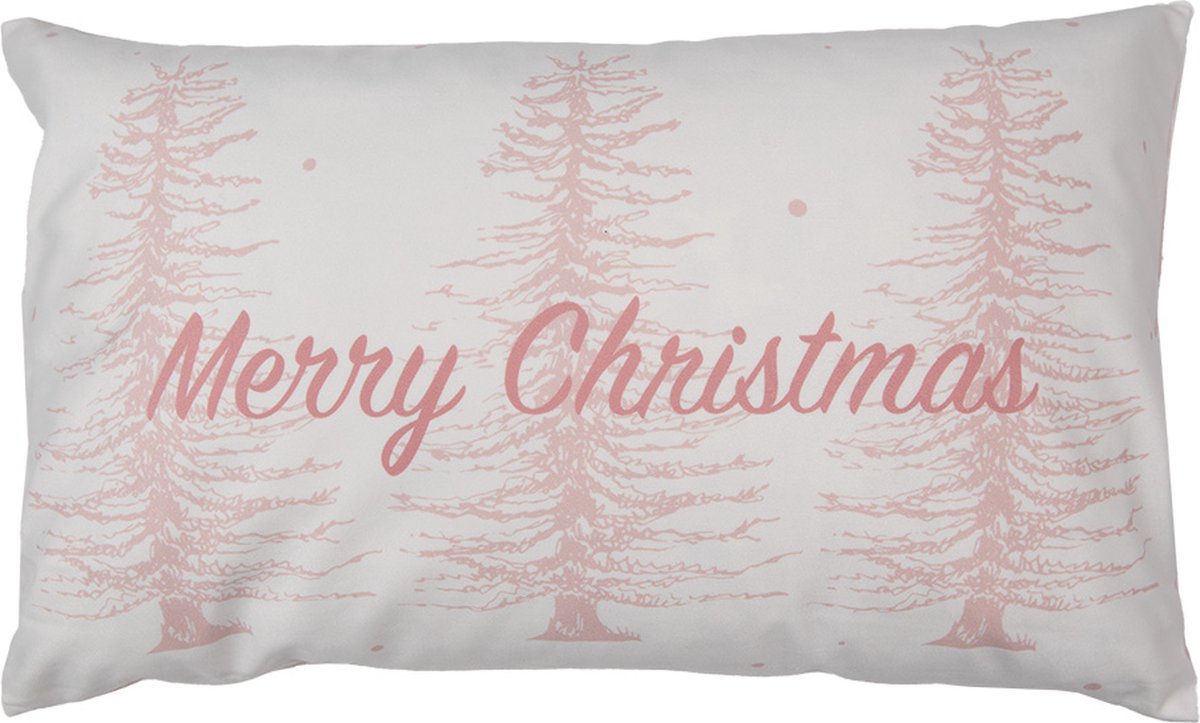 Clayre & Eef Kussenhoes 30x50 cm Roze Wit Polyester Rechthoek Kerstbomen Merry Christmas Sierkussenhoes