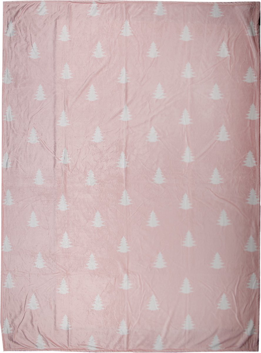 Clayre & Eef Plaid 130x170 cm Roze Wit Polyester Kerstbomen