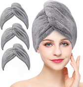 3-pack microvezel haardrooghanddoek, wikkelhanddoek, superabsorberende twist-tulband, sneldrogende haarkappen met knopen en lus, droogkap voor haar, geschikt voor badkamer en kapsalon (Grijs/Roze/Blauw) (Grijs)