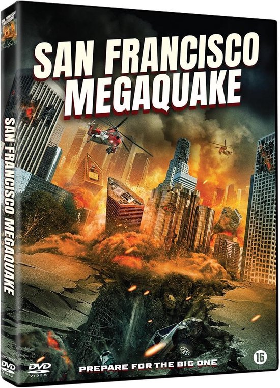 DVD-hoes met de titel "San Francisco Megaquake" en een afbeelding van een stad in puin na een aardbeving.