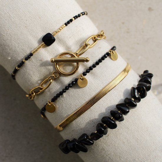 The Jewellery Club - Luna bracelet black gold - Armband (sieraad) - Dames armband - Kralen - Minimalistisch - Zwart - Goud - 16,5 cm - The Jewellery Club