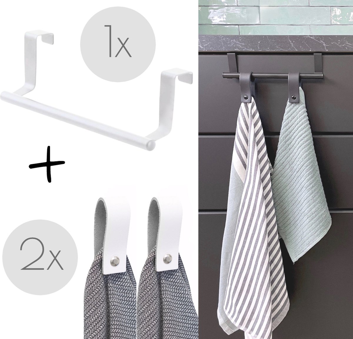 Witte keuken handdoekstang VALI 23cm + 2x Witte leren magneet-lus - Voor 2 handdoekjes (handdoekrek keukenkast - deurhaken - handdoekhouder - handdoekstang - deurhaak keuken)
