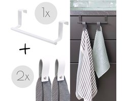 Witte keuken handdoekstang VALI 23cm + 2x Witte leren magneet-lus - Voor 2 handdoekjes (handdoekrek keukenkast - deurhaken - handdoekhouder - handdoekstang - deurhaak keuken)