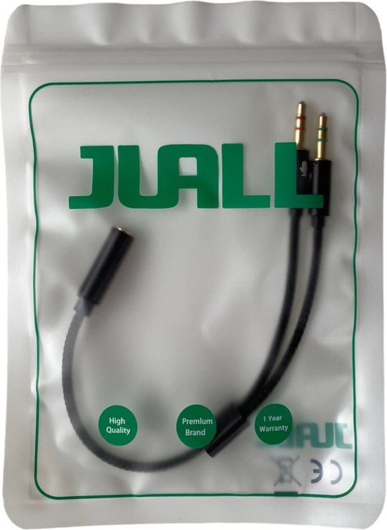 Zwarte JUALL headset splitter met een 3,5 mm vrouwelijke aansluiting en twee 3,5 mm mannelijke stekkers. Verpakking met teksten 'High Quality', 'Premium Brand', '1 Year Warranty'.