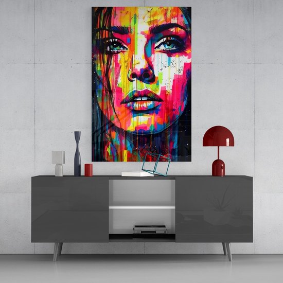 Glasschilderij Vrouw - Portret - Kleurrijk - Wanddecoratie - Schilderij - 110x70 cm - 4 mm