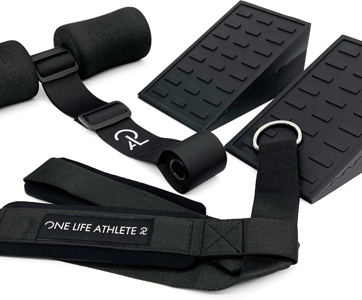 One Life Athlete Knie-Heup Boostpakket - Squat Wedge - Nordic Curl & Reverse Squat Strap