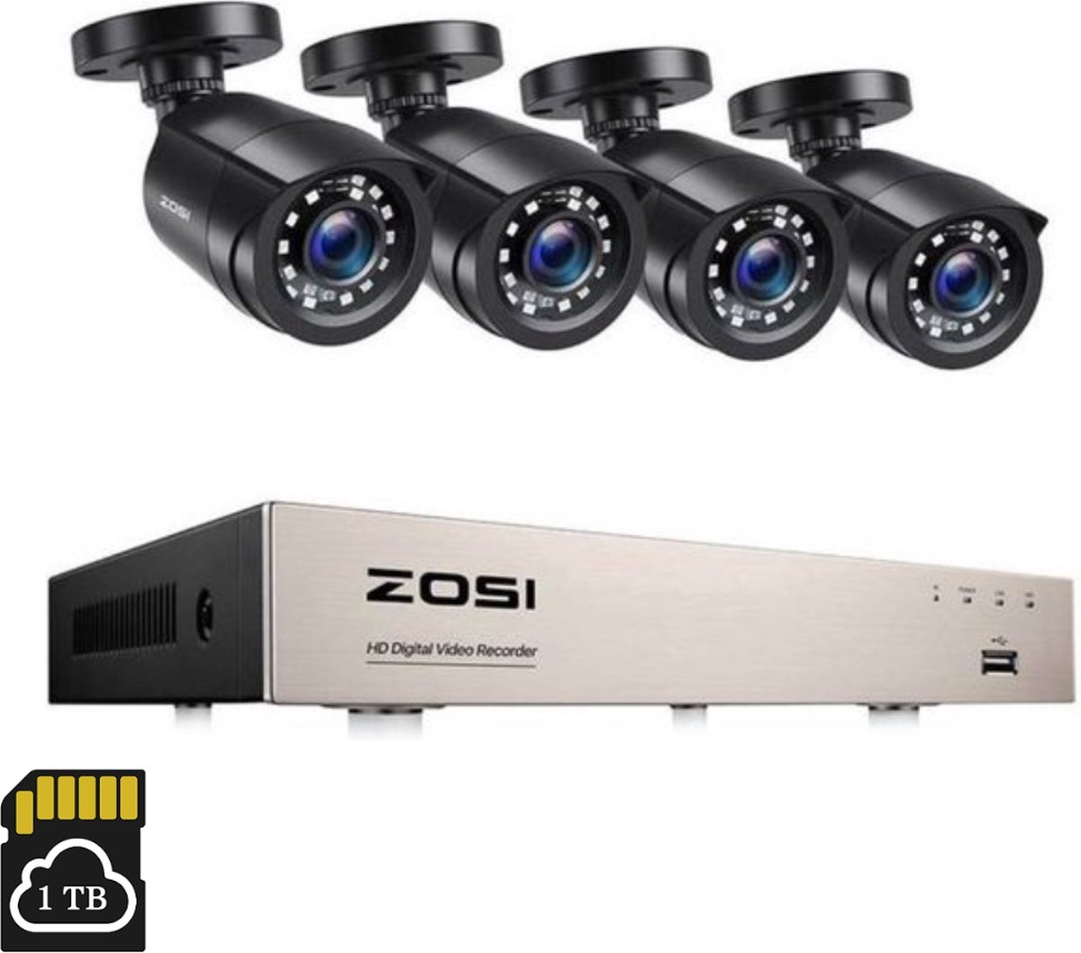 Zosi Home Security Systeem H.265 + 8CH - CCTV - Beveiligingscamera set met 4 Cameras Outdoor Buiten - Home Security Camera Systeem - Wifi Camera Set - Video + Audio-opname - Beveiligingscamera - 4 Camera’s - Nachtzicht - Motion Detector - 1 Terabyte