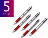 Pack 5x Vierkleuren Balpen - Zilver / Rood - Vier Kleuren Pen - Inkt Rood Blauw Groen Zwart