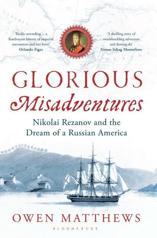 Boek 'Glorious Misadventures' met een zeilschip op het water en een portret van een man in militair uniform.