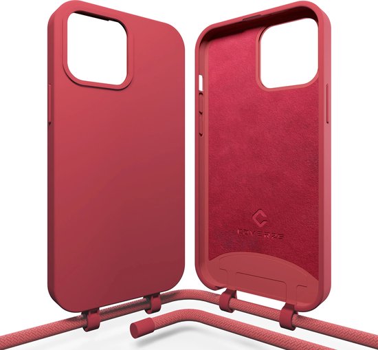 Coverzs Coque en silicone avec cordon - Coque pour téléphone avec cordon - Coque arrière avec cordon - cordon - convient pour Apple iPhone 14 Pro Max - rouge