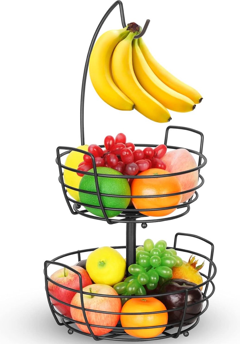 Fruitmand met 2 verdiepingen met bananenhaak, metalen fruitstandaard voor het werkblad, keukendecoratie, fruitschalen voor groenten en fruit, zwart.