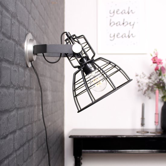Industriële Wandlamp Industrieel | E27 Fitting - Hout - Industriële -Lampen - Kooi - Katrol Wandlamp Binnen