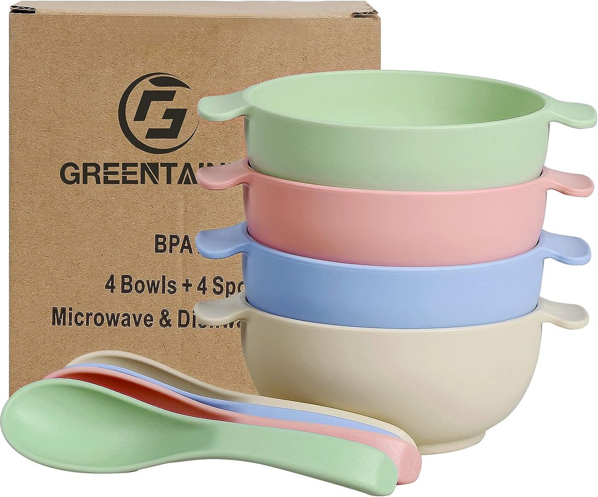 Goedkoopste Set van 4 kinderkommen met lepel, kinderservies van PP, 420 ml kom voor kinderen en kinderen. Gezonde baby-kinderkommen, onbreekbaar en veilig, afgeronde randen en ergonomisch design, kleurrijk