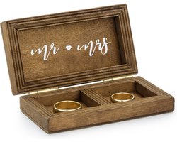 Bruiloft/huwelijk trouwringen kistje hout - MR and MRS - 10 x 5,5 cm - alternatief ringkussentje