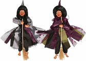 Halloween decoratie heksen pop op bezem - 2x - 40 cm - grijs/roze