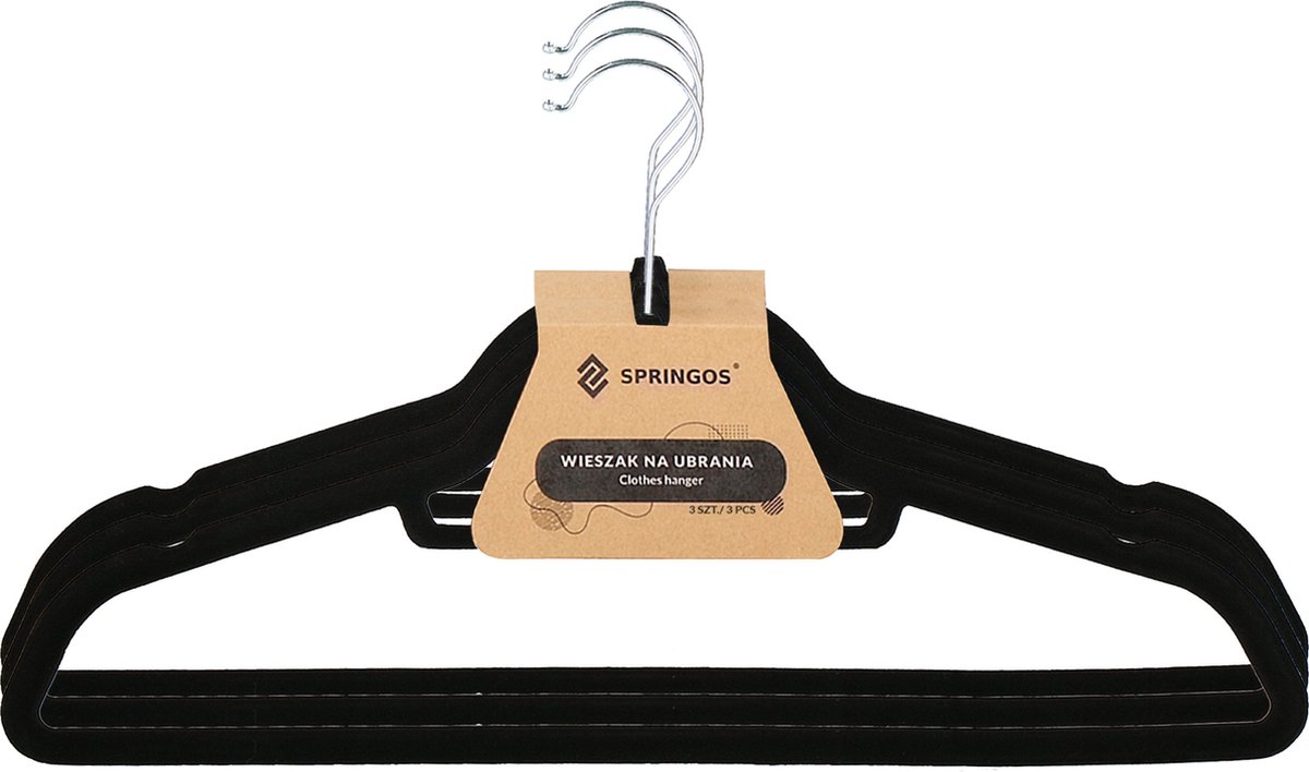 Springos Velours Kledinghangers - 3 Stuks - Draaibaar - Luxe - Zwart