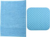 MSV Douche anti-slip mat en droogloop mat - Sevilla badkamer set - rubber/microvezel - lichtblauw