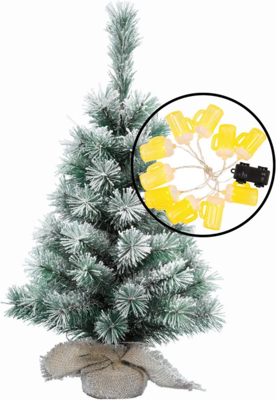 Kleine kunst kerstboom - besneeuwd - incl. bier thema lichtsnoer - H60 cm