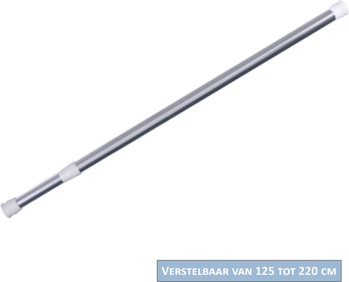 AquaVive Douchestang Chroom – Verstelbaar 125 tot 220 cm – Rond – Telescopisch – Zonder Boren