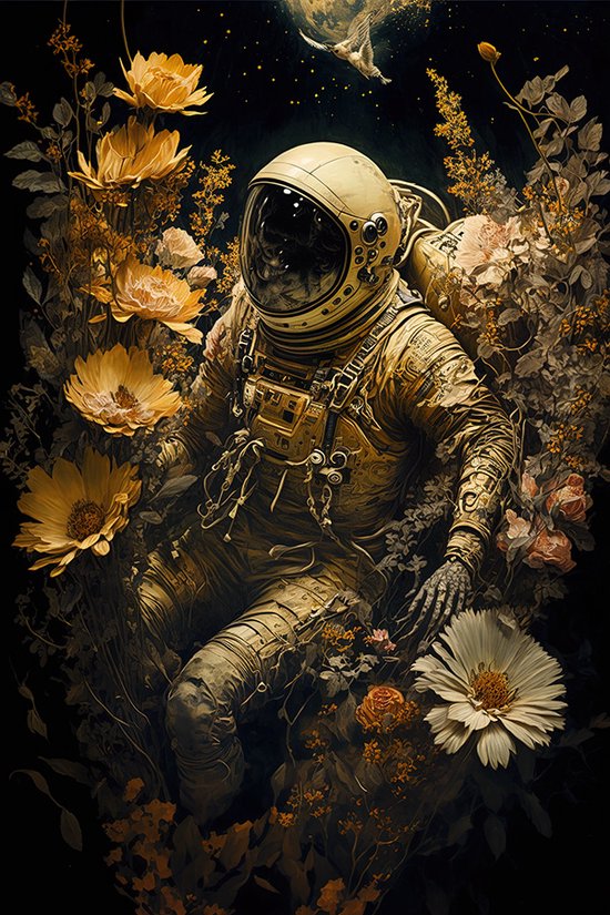 Astronaut met bloemen - plexiglas schilderij - 50 x 70 cm