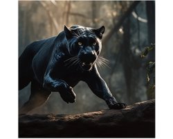 Poster Glanzend – Zwarte panter rent door bos heen - 50x50 cm Foto op Posterpapier met Glanzende Afwerking
