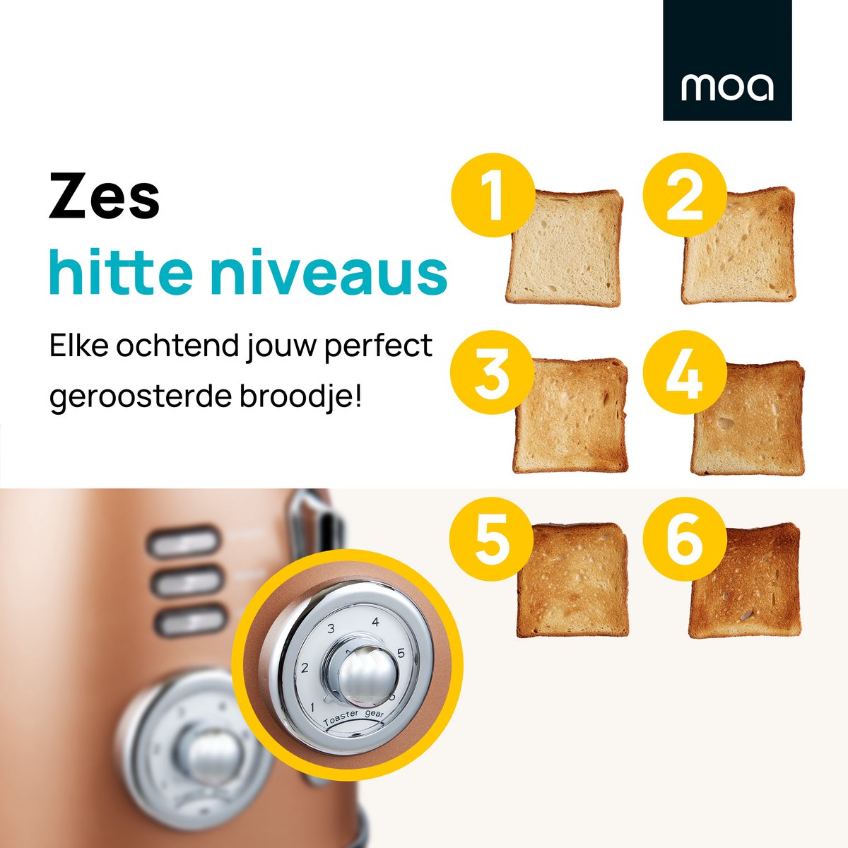 MOA Retro Broodrooster - Toaster met 2 Extra Bede Sleuven - 6 Warmteniveaus - BPA Vrij - 850W - Koper thumbnail 7