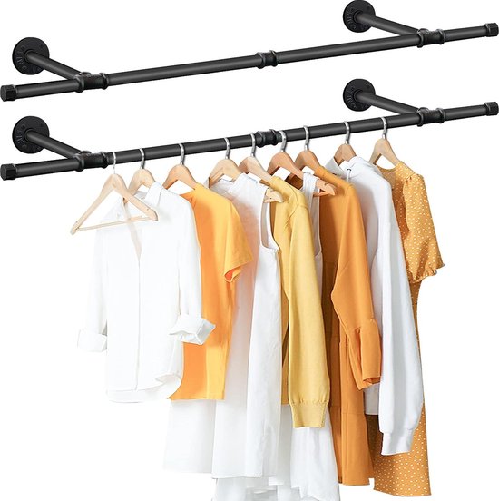 Kledingstang voor wandmontage, afneembare kledingstandaard in industrieel design, 112 cm buisvormig kledingrek, wandhanger voor kleding, opslag, voor woonkamer, slaapkamer, verpakking van 2