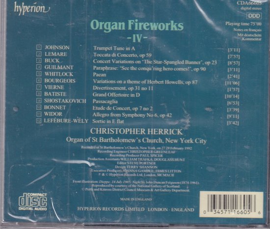 Achterkant van een cd-hoes met tracklist, artiest en details van 'Organ Fireworks - IV'.