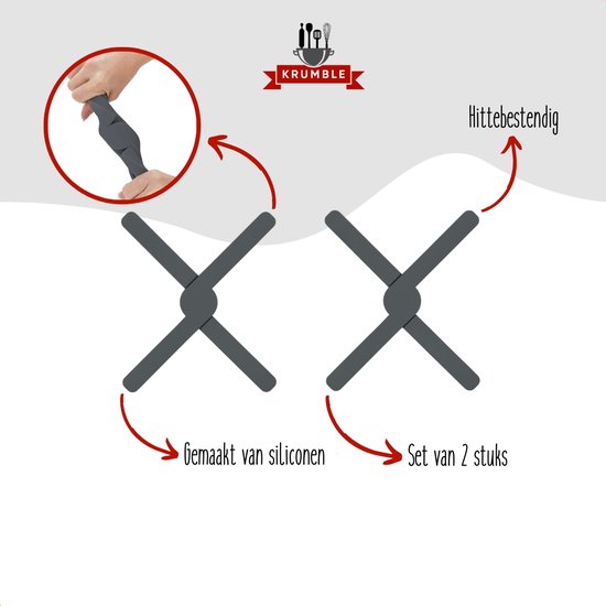 Twee donkergrijze, opengewerkte siliconen pannenonderzetters. Eigenschappen: hittebestendig, gemaakt van siliconen, set van 2 stuks.
