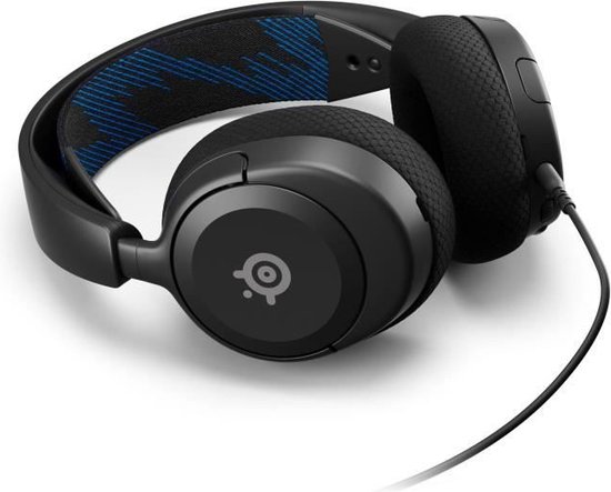Zwarte gaming headset met blauw gestreept stoffen hoofdband en ronde oorschelpen met logo.